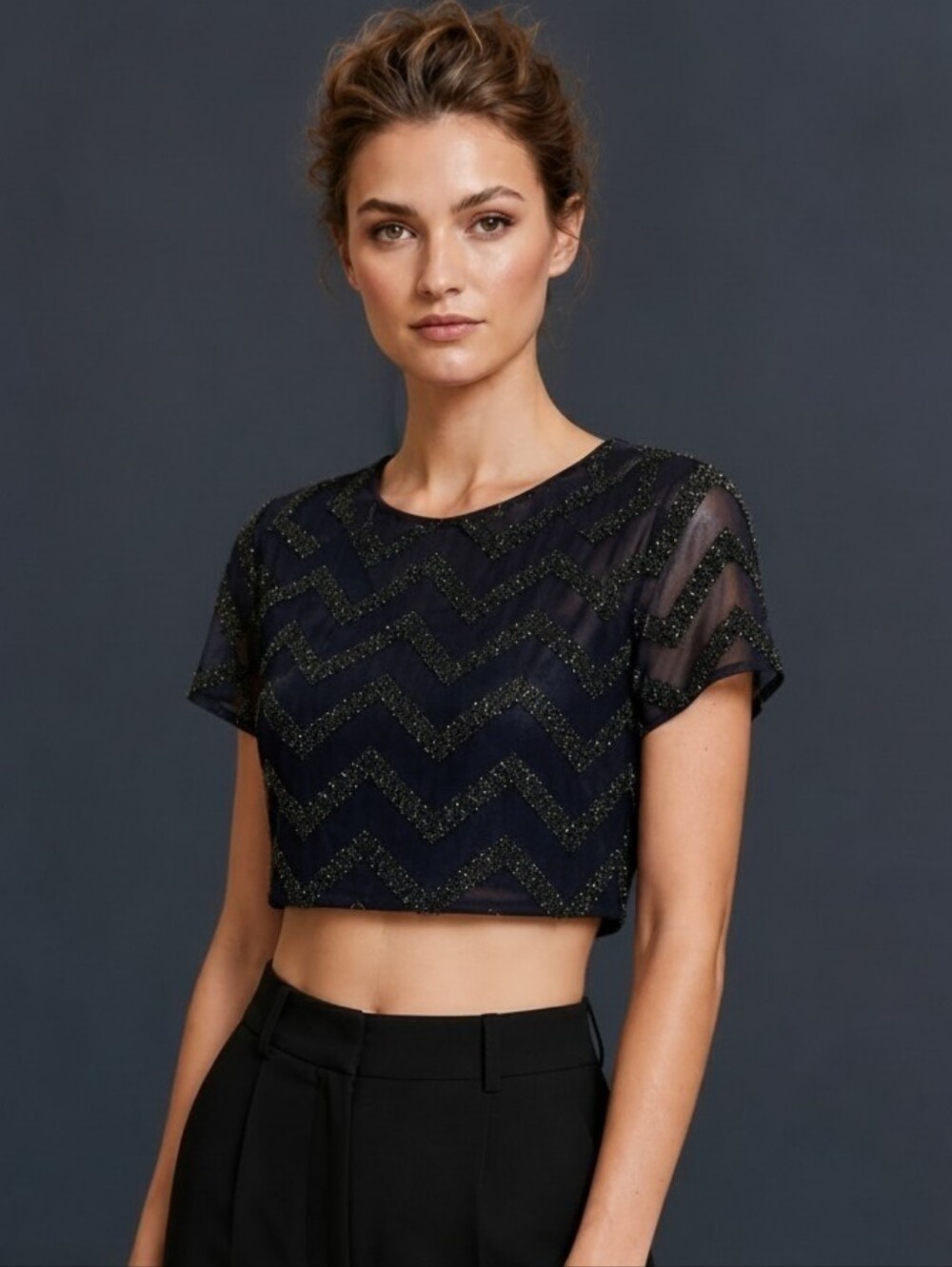 LOTUS THREADS NY Chevron Hand Beaded Sheer Short Sleeve Crop Top Medium